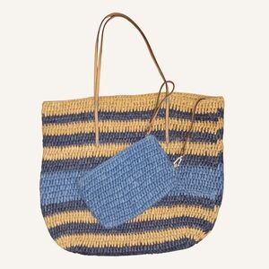 LOFT Straw Tote Bag Blue Stripes With Makeup Bag